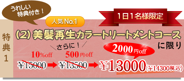 人気№１　美髪再生カラートリートメントコースに限り10%off+500円offの￥2000off！